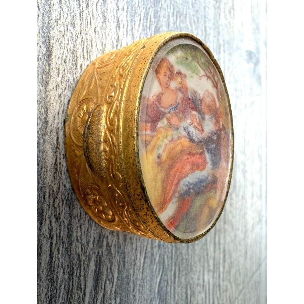 Vtg Pill Trinket Box Gold Gilt Metal Oval Hinged Lid Painting Under Glass Italy